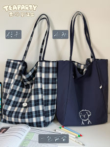 Double-Sided Brown Plaid Canvas Tote Bag Womens Korean Style Versatile Student Commuting Shoulder Bag Large Capacity