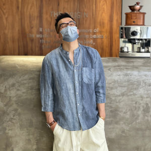 เสื้อเชิ้ตผ้าลินินลําลองสําหรับผู้ชายฤดูร้อนเรียบง่ายสไตล์ฮ่องกงมัดย้อมยืนปกแขนสั้นเสื้อเชิ้ตพักผ่อน