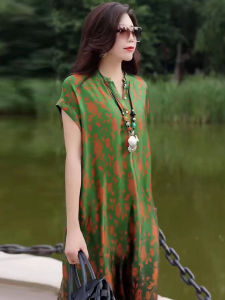 Elegant Long Silk Dress Womens Summer New Arrival Hangzhou Heavyweight Xiangyun Silk A-Line Midi Dress Floral Print Short Sleeve