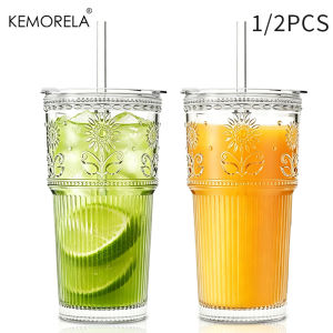 590ML Sunflower Glass Coffee Cups with Lids and Straws 1/2PCS Transparent Drinking Glasses for Juice Iced Coffee Mugs Drinkware