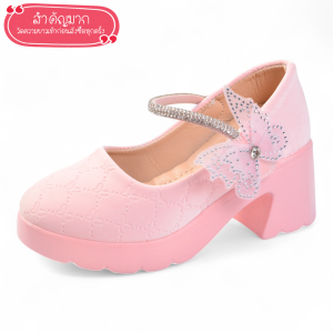 รองเท้าคัชชูเด็ก ไสตล์เจ้าหญิง รองเท้าแฟชั่นเด็กผู้หญิง มีสายรัดประดับผีเสื้อเพชรใส่ออกงานแต่งงานโรงเรียนสีขาวครีมชมพู