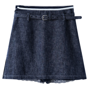 High Waist A-Line Denim Skirt With Lace Trimmed Hem