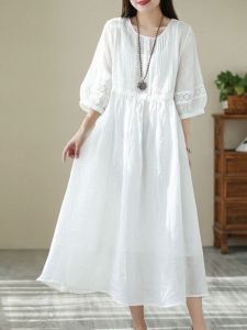 White Linen Cotton High Waist A-line Long Dress