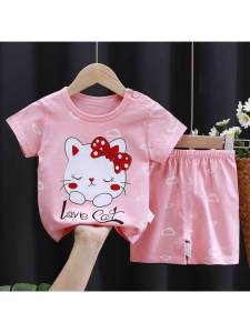 Pure Cotton Childrens Short Sleeve Suit Korean Style Boys Girls Clothes Set Casual round Neck Summer T-shirt for Kids