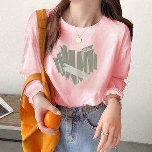 Early Autumn Loose Fit Long Sleeve Cotton T-Shirt Womens Heart Print Fashionable Top Korean Style round Neck Print Design