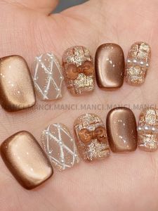 Nhựa Giả Tay Ngắn Thủ Công Pure Handmade Man Disc Nail Art White Effect Cat Eye Diamond Grid High-End Sensation Bridal False Nail Stickers