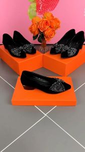 Korean style comfortable soft bottom bow diamond thick heel pointed low heel womens shoes