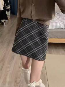 Gray Woolen Gingham Skirt Fall and Winter High Waist Slim Looking Plaid Woolen A- line Sheath Skirt Plus Size Ladies Students Skirt