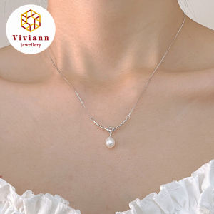 Viviann Original Design S925 Sterling Silver Jewelry Pearl Pendant Necklace Light Luxury Collar Chain Summer Accessories Vintage Pearl Chain Pendant Charms Silvery Color Neck Jewelry For Women Gifts