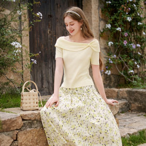 XIANGYING | French Yellow Off-Shoulder Knitted Blouse