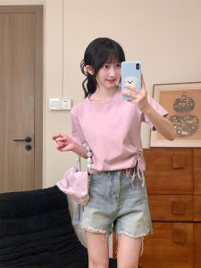 Áo Thun Tay Ngắn Không Đều Sweet Sister Style Dành Cho Nữ Áo Thun Cotton Dáng Ôm Cổ Tròn Mùa Hè Màu Trơn Áo Thun Đồng Phục