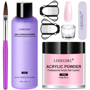 ผงอะคริลิคสำหรับทำเล็บ LIMEGIRL 120 กรัม น้ำยาโมโนเมอร์ 120 มล. ชุดผงอะคริลิคสีชมพูขาว สำหรับงานศิลปะเล็บมืออาชีพ พร้อมอุปกรณ์แกะสลัก 3 มิติ