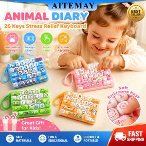 Aitemay 26-Key Mini Keyboard Stress Relief Keychain - Portable Silicone Fidget Toy for Kids Teens & Office Workers - Cute Cartoon Bag Charm Holiday Gift