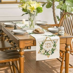 Jewish Passover Hexagram Floral Table Runner Washable Festival Party Kitchen & Dining Table Runner