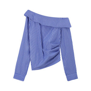 Elegant Color Block Striped Asymmetrical Shoulder Long Sleeve Shirt Womens Retro Style Casual Breathable Fashion Top