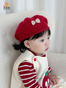 หมวกเบเร็ตสีแดงถักสำหรับเด็กผู้หญิง เด็กวัยเตาะแตะ เด็กวัยรุ่น ฤดูใบไม้ร่วง/ฤดูหนาว หมวกไหมพรมปักลายผีเสื้อ อบอุ่น หมวกเด็ก หมวกเด็กผู้หญิง