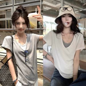 QIAOCHENXIAN | Áo Thun Dạng Giả Hai Mảnh Cổ V Tay Ngắn Rộng