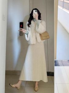 QFN | Warm Fashionable White Fluffy Coat Skirt Set