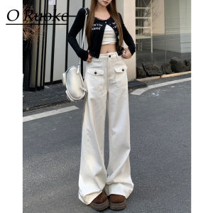 High Waist Wide Leg Casual Jeans Womens Workwear Denim Pants with Flip Cover Pockets Loose Fit Straight Cut Trousers