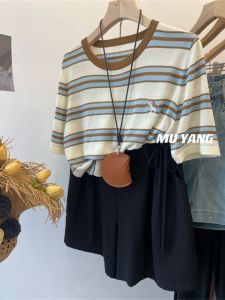 plus Size 300 Pounds American Retro Striped Short Sleeve T-Shirt Women Summer Lazy Style Top Comfortable Loose Fit Korean Version