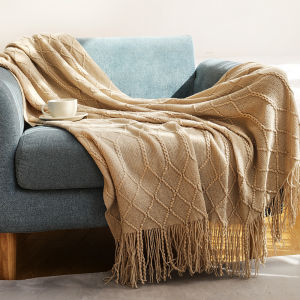 50x60inch Khaki BohoTextured Knitted Fall Decor Blanket with Tassels for CouchBedChairSofa Decorative Cozy Throw Blanket