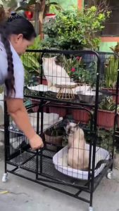 Cat Cage Villa Large Space 4 Layer Pet Cage Foldable Sturdy Pet Furniture Cat Cages with Wheels House with Toilet Black/WhiteIron Cage