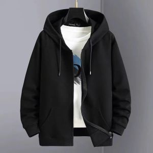 Mens Hooded Jacket Pure Color Fleece Lined Cotton Sweatshirt Casual Loose Fit Autumn Winter Fashionable Cardigan Coat