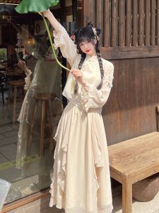 New Chinese Style Han Elements Skirt Spring Summer New Buckle Butterfly Top Elastic Half Skirt Lotus Leaf Skirt Set