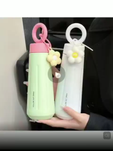 Water Bottle Stainless Steel 450ml / Botol Minum Tumbler Aesthetic With Handle Ring & Flowers