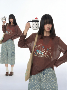 JNXS | Polka Dot Dachshund Print Color Yarn Knit Long Sleeve Loose Top
