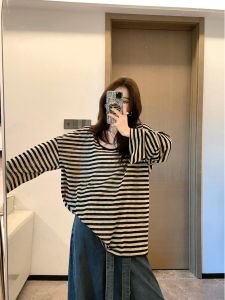 Áo Thun Dài Tay Cổ Chữ U Dáng Rộng Mùa Hè Cho Nữ Cỡ Lớn Phong Cách Retro Kẻ Sọc Thời Trang Chống Nắng Dài Vừa Phải