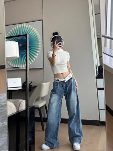กางเกงยีนส์ทรงหลวมเอวสูงสไตล์อเมริกันสำหรับผู้หญิง ฤดูใบไม้ผลิและฤดูร้อน 2024 กางเกงขายาวทรงตรง ทรงหลวม ทรงหลวม ทรงหลวม