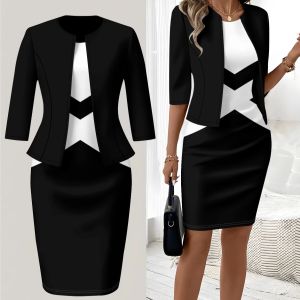 Printed Design Autumn and winter styles casual style Black White Geometric Pattern Print crew neck dress suit