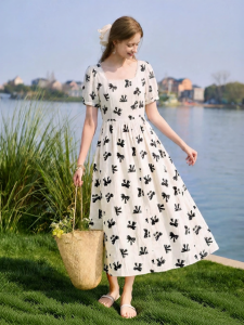 XIANGYING | French Square Neck Dress Waist-Cinching Floral Puff Sleeve
