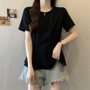 Shoulder Short-Sleeved T-shirt Bottoming Shirt Womens Summer Wear Plus Size Plus Size Ladies Slimming Belly-Covering Fancy Cinched Peplum Tops