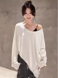 Loose Fit Long Sleeve T-Shirt Pure Cotton Casual Mid-Length Base Shirt Top Spring Autumn Simple Large Collar Bottoming Shirt