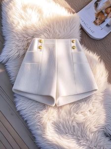 กางเกงขาสั้นผู้หญิงเอวสูง ทรงหลวม ทรงเอ กางเกงขายาวสำหรับใส่กันหนาว กางเกงขายาวลำลอง ผ้าฝ้ายผสมโพลีเอสเตอร์ ฤดูใบไม้ผลิ 2025