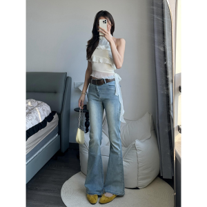กางเกงยีนส์ทรงขาบานเอวสูงทรงสลิมฟิตสำหรับผู้หญิง สีฟ้าอ่อน ทรงยาวถึงพื้น ทรงเข้ารูป กางเกงขายาว