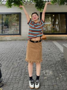 Váy Mini Nhung Kẻ Cổ Điển Mỹ Cho Nữ Váy Chữ a Ôm Sát Váy Dài Vừa Phải Váy Mùa Thu Đa Năng Váy Chữ a Ôm Sát