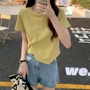 Short Sleeve Irregular T-Shirt Womens 2024 New Summer Design High Waist Short Length Top Fashionable Commute Style round Neck