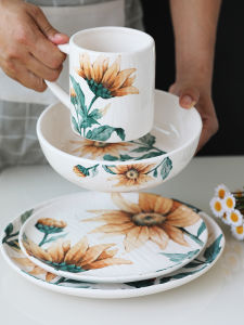 Clearance Special Offer Hand Painted Sunflower Ceramic Plate Tableware Suit Underglaze Color Household Plate Deep Plates Long Platter
