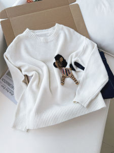 QINGNAER | Stylish Korean Minimalist Cartoon Embroidered Long Sleeve Pullover Sweater