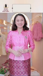 68012 "เก็จมณี" เสื้อไหมสี่เส้นเอวจีบ ช่วงบนแต่งลูกไม้ฝรั่งเศส สวยเรียบหรู ซิปหลัง ใส่สบาย