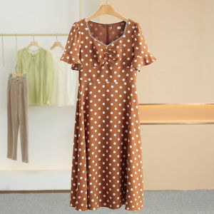 Váy Chữ a XKing 2025 Mùa Hè Mới Tay Ngắn Cổ Vuông Váy Midi Xếp Ly Họa Tiết Chấm Bi Thanh Lịch Cho Nữ