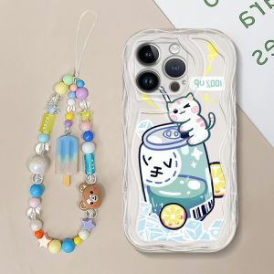 VRQR INS Style Phone Case for Vivo Y02 Y02A Y02T Cute Soda Bottle and Kitten Pattern With Lridescence Ice Cream Bracelet
