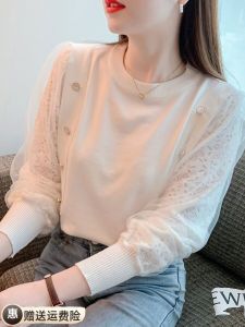 Slimming Lace Splice Knitted Base Shirt round Neck Womens Inner Wear Spring 2024 Fashionable Small Shirt Korean Style Long Sleeve
