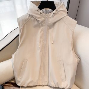 เสื้อกั๊กมีฮู้ดกันลมกันฝนทรงหลวมสีพื้นสำหรับผู้หญิง แจ็คเก็ตขนสัตว์แบบสวมหัวแบบสวมหัว