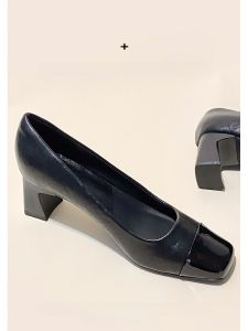 สบาย นุ่ม หนัง สีดำ Chunky Heel Square Toe รองเท้าส้นสูง ผู้หญิง ส้นปานกลาง 5 ซม. ของแท้ หนัง ไม่เหนื่อยฟุต Professional เดินทางรองเท้าเดียว