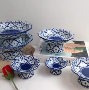 พาน พานเซรามิค พานลายไทย ขนาด 3 นิ้ว - 8 นิ้ว ลายคราม พานใหว้ครู พานเชิง ลายไทย เซรามิคลำปาง แข็งแรง