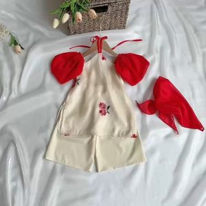 AD22 Áo dài cách tân yếm tơ ánh thêu RIOKIDS cho bé gái đi chơi du xuân Lễ Tết